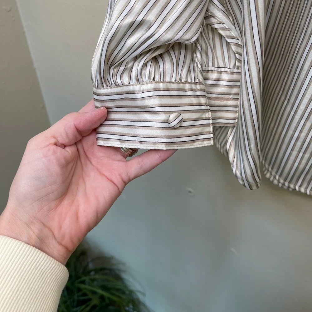 Notations | VTG Striped Shiny Silky Long Sleeve Round Neckline Charmeuse Blouse - Picture 10 of 13